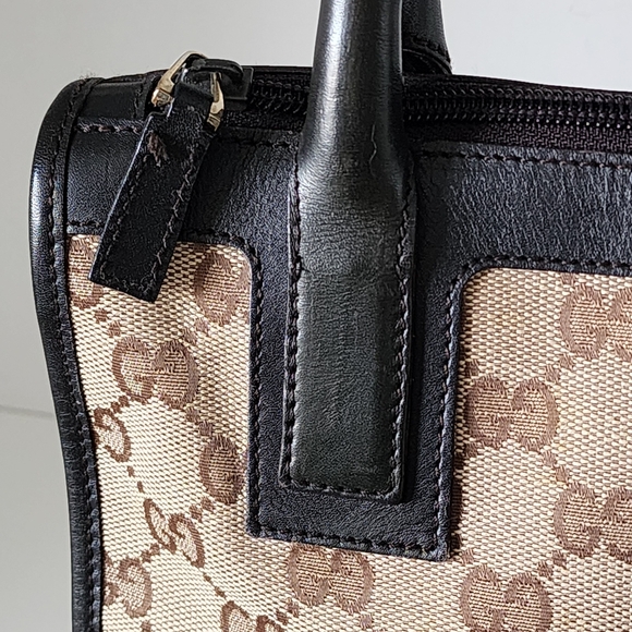 Vintage Gucci GG Supreme Monogram Canvas Brown Leather Mini Zippered Tote Bag - Picture 10 of 16